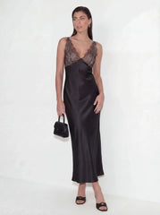 Elegant Lace-Paneled Satin Midi Dress