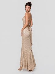 Champagne Sequin Mermaid Gown with Cross-Back Ties