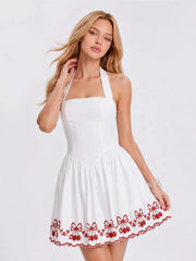 Cherry Embroidered Halter Mini Dress