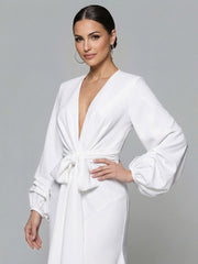Classy V-Neck Balloon Sleeve Crepe Gown