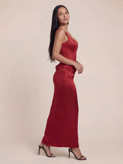 Corset Bodice Gathered Waist Satin Maxi Dress