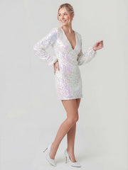 Dazzling Puff-Sleeve V-Neck Sequin Mini Dress