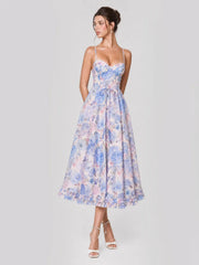 Lilac Floral Corset Midi with Tiered Ruffle Hem & Tie-Waist