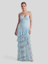 Lace Plunge-Neck Maxi Dress With Ruffled Detailing