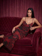Lace Trim Cowl Back Floral Mesh Maxi Dress