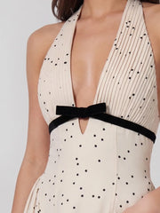 Polka Dot Halter Maxi Dress With Velvet Bow Detail