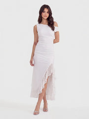 Polka Dot Mesh Ruffle Slit Midi Dress