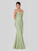 Ruffle Straps & Open Back Satin Maxi Dress