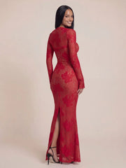 Sheer Lace Embroidered Floral Bodycon Maxi Dress
