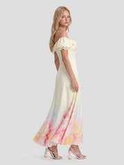 Watercolor-Ombré Puff Sleeve Maxi Dress