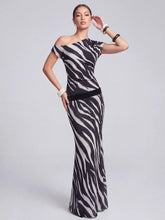 Zebra Printed Mesh Asym Neck Maxi Dress