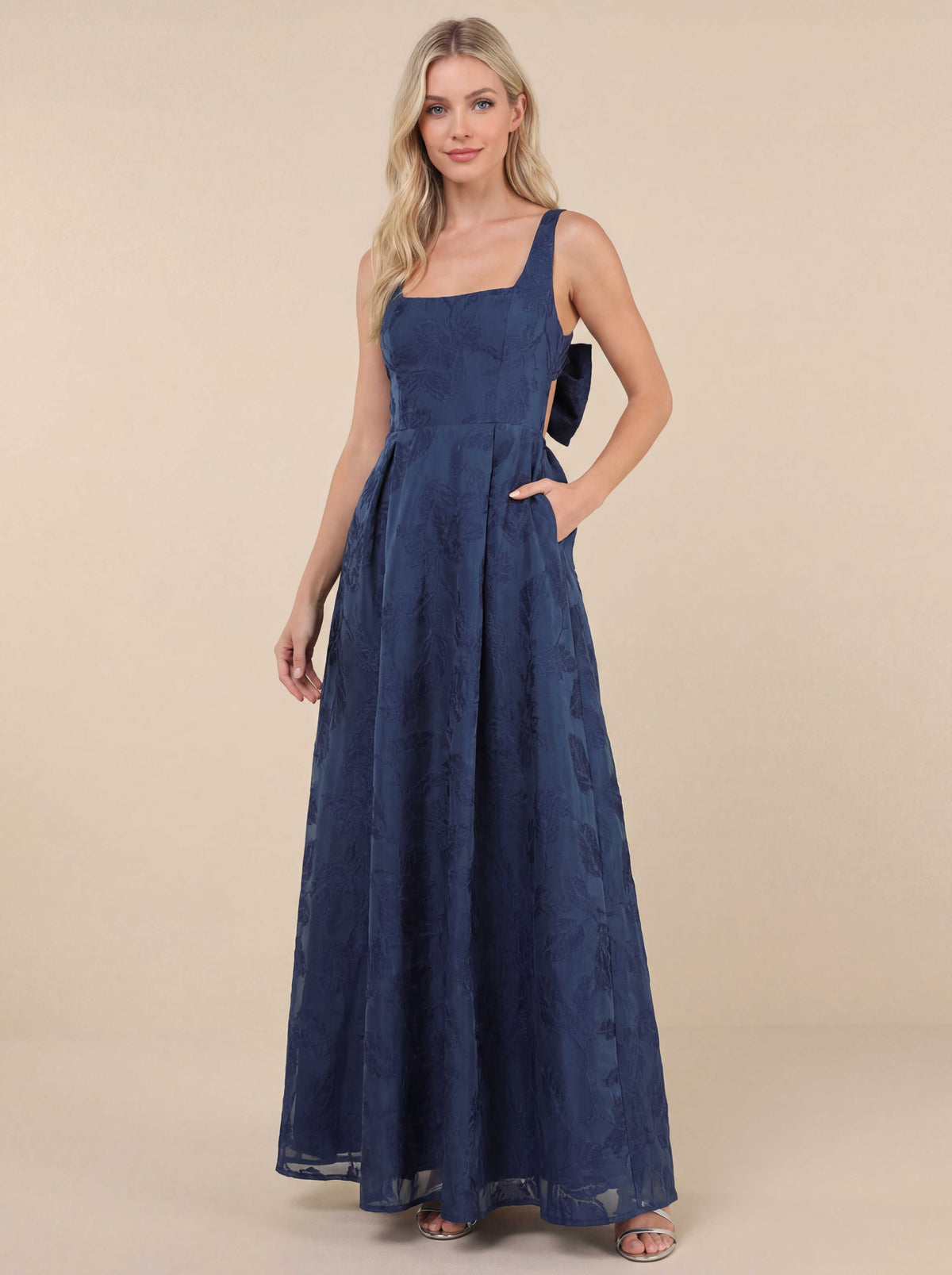 Jacquard Tie-Back Maxi Dress with Pockets