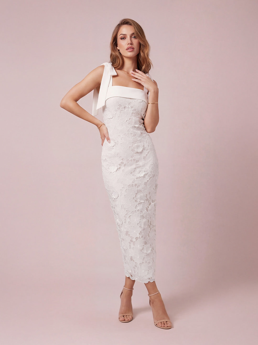 Romantic Ribbon Strap Lace Midi Dress