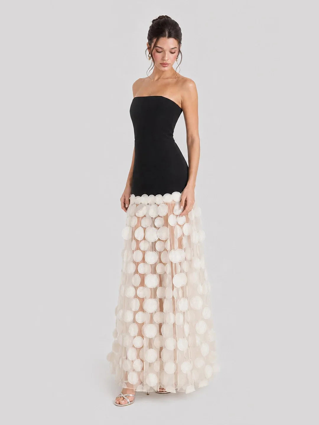 3D Polka Dot Embellished Hem Maxi Dress