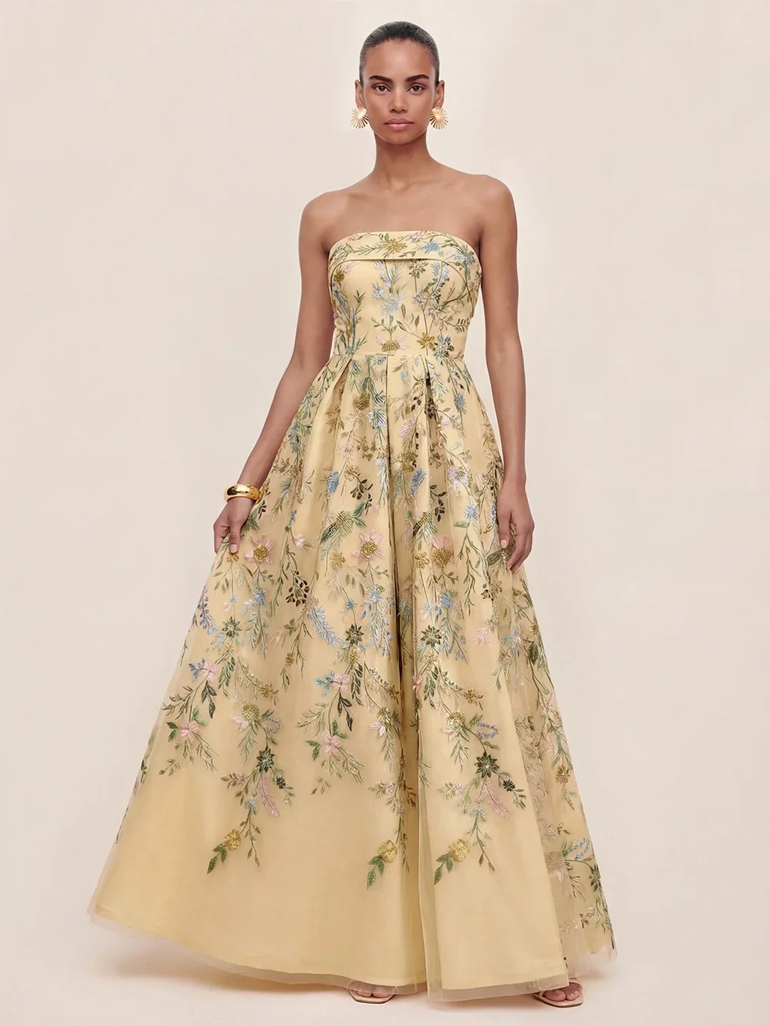 Bandeau Embroidered Tulle Evening Gown