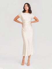 Cowl Back Satin Ruched Midi Dress