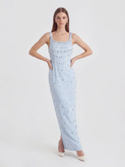 Crystal-Ombré Scoop-Neck Column Gown