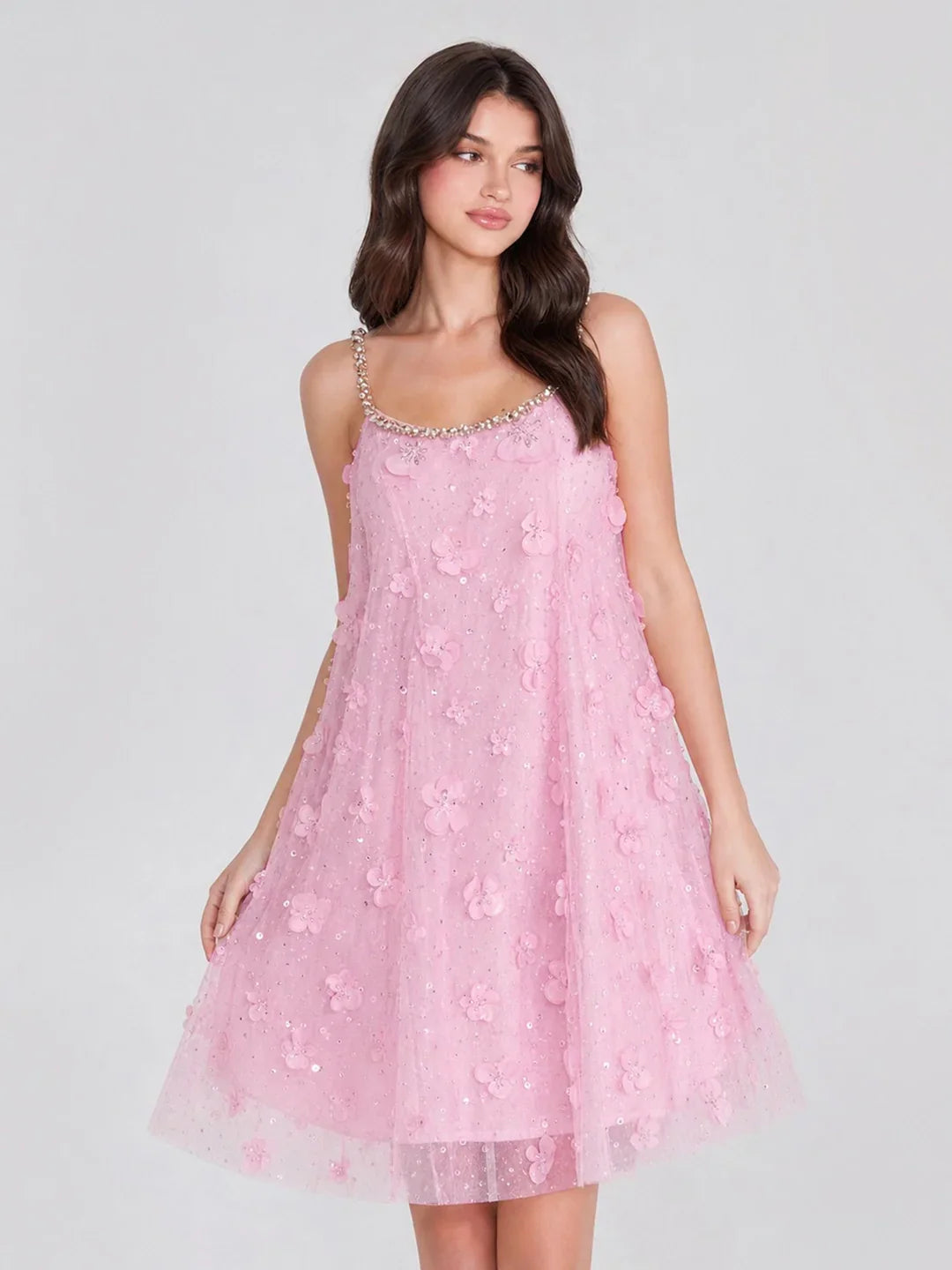 Crystal Strap 3D Floral Tulle Mini Dress