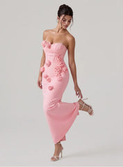 3D Rose Appliqué Strapless Maxi Gown