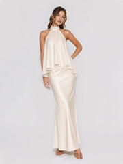 Halterneck Layered Ruffle Stain Maxi Dress