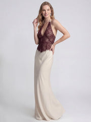 Lace Patchwork Stain Halter Maxi Dress