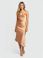 Luxe Satin Cowl Neck Asymmetric Slip Midi Dress