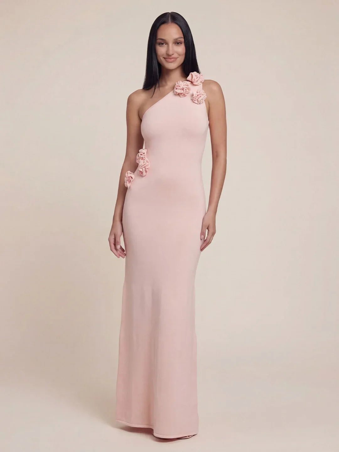 One Shoulder 3D Flower Applique Knit Maxi Dress