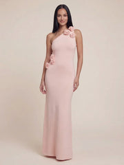 One Shoulder 3D Flower Applique Knit Maxi Dress
