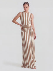 Pinstripe Ribbed Twisted-Knot A-Line Dress