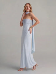 Ribbon Strapless Satin Maxi Dress with Cowl Tie