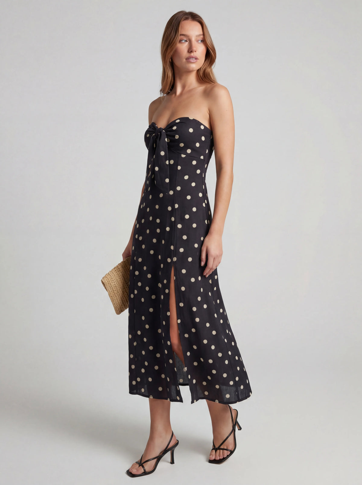 Strapless Polka Dot Ruffle Midi Dress
