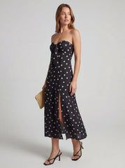 Strapless Polka Dot Ruffle Midi Dress