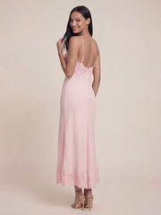 V-Neck Lace Detailed Satin Maxi Dress