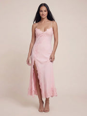 V-Neck Lace Detailed Satin Maxi Dress