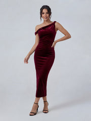 Velvet Twisted Asymmetric Midi Dress