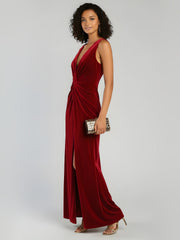 Elegant Draped Twist Front Velvet Maxi Dress