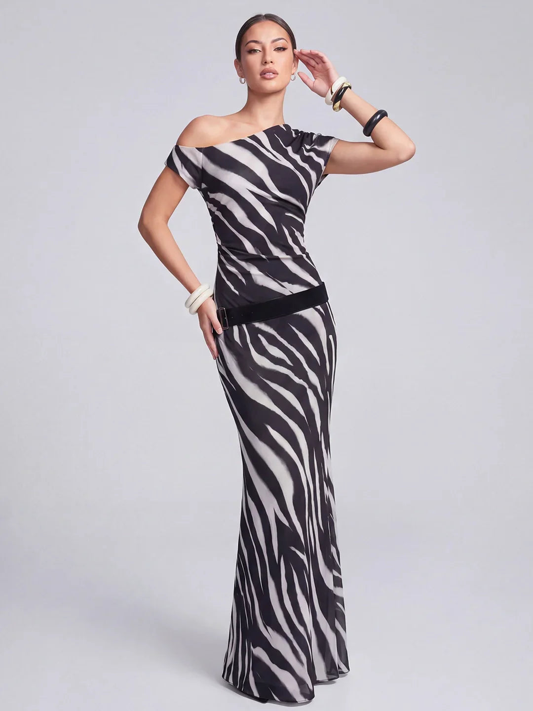 Zebra Printed Mesh Asym Neck Maxi Dress